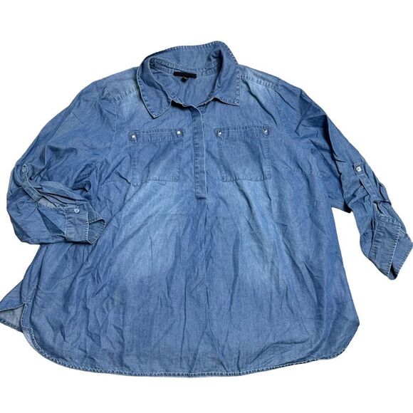 Lane Bryant Plus Size 18 20 Blue Light Weight‎ Denim Shirt w Roll-up Sleeves - Picture 1 of 6